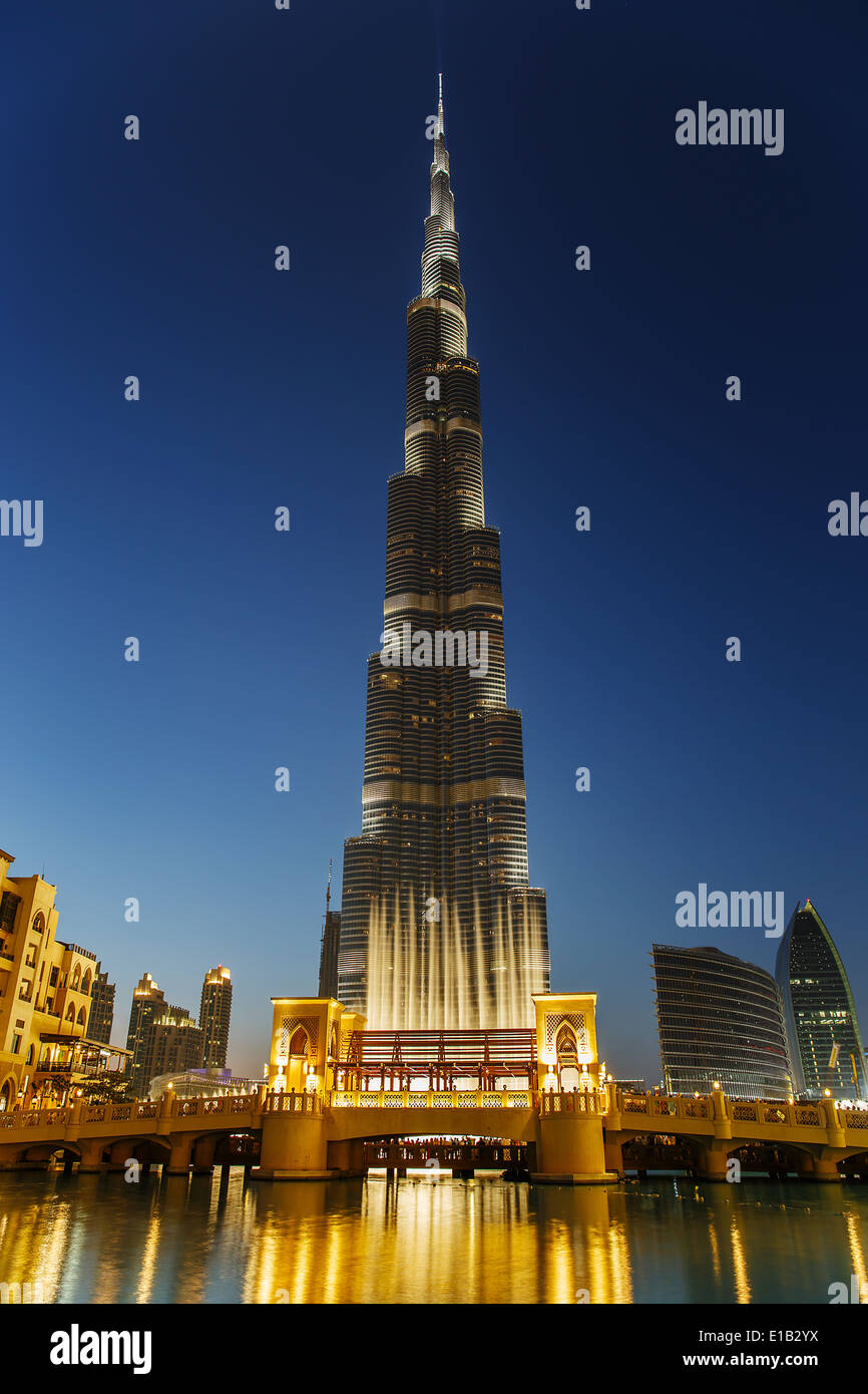 Night view of Burj Khalifa - the world's tallest tower at Downtown Burj Dubai on November 13, 2013 in Dubai, UAE Stock Photo