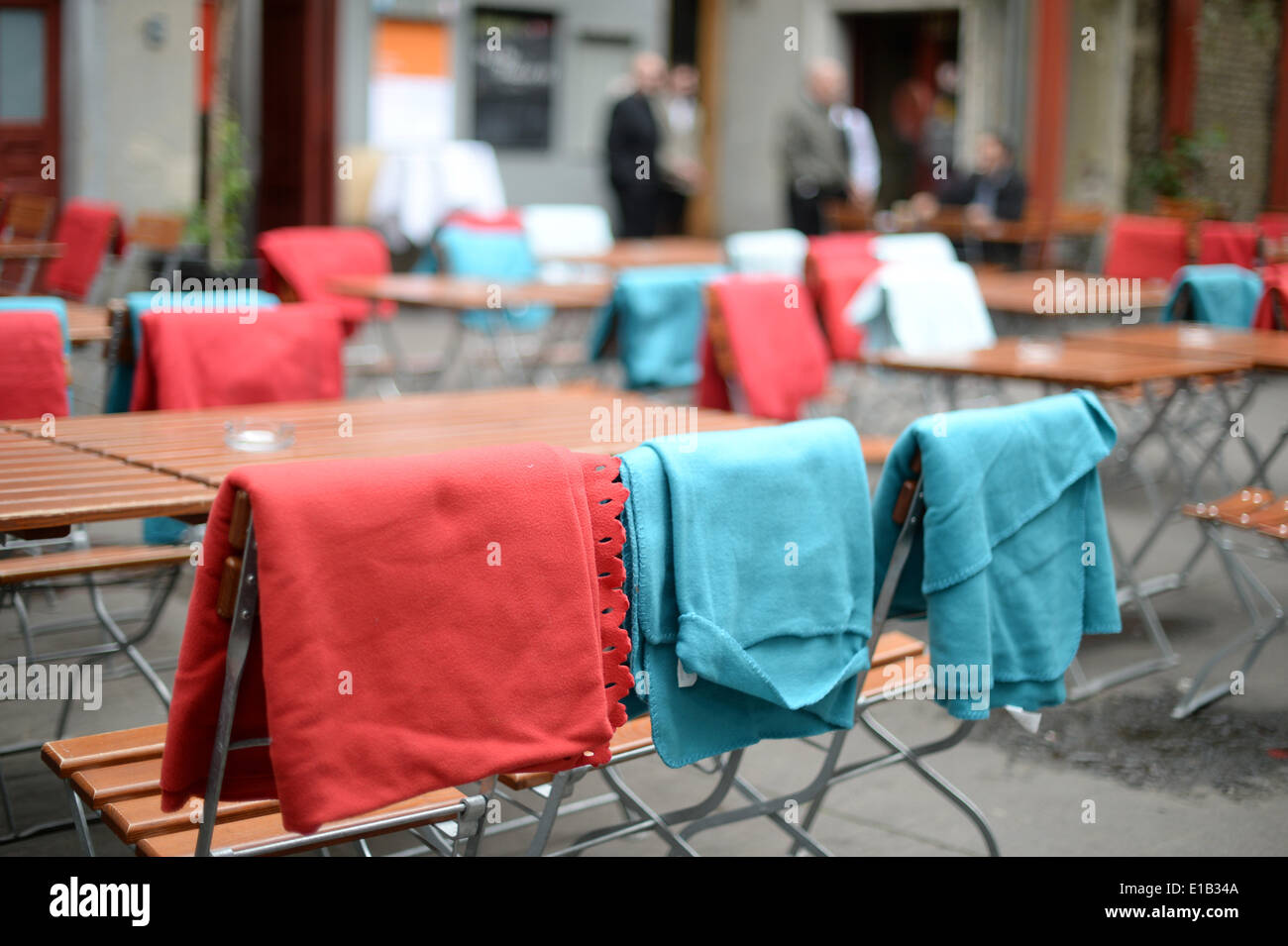 Tables and chairs with blankets in the outdoor area of a cafe Erlangen Middle Franconia Bavaria Germany Stock Photo Alamy