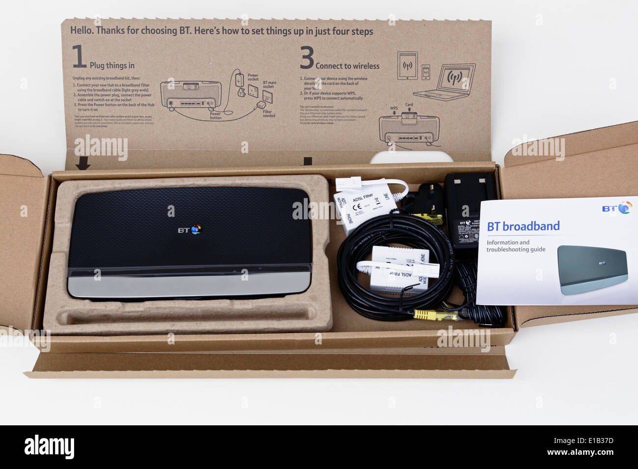 A box containing a BT Broadband Home Hub 4 with set up instructions on the  lid, UK Stock Photo - Alamy