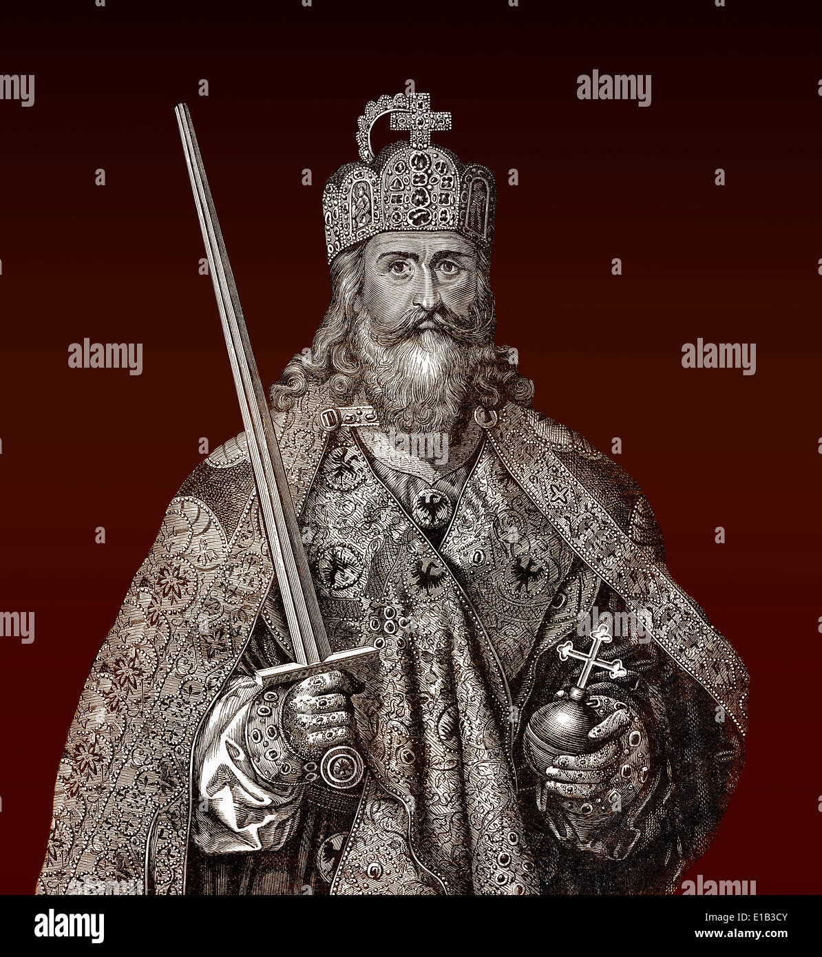 Charlemagne, wearing the Imperial Regalia, Charles the Great or Carolus Magnus, 747-814, King of the Franks and Emperor Stock Photo