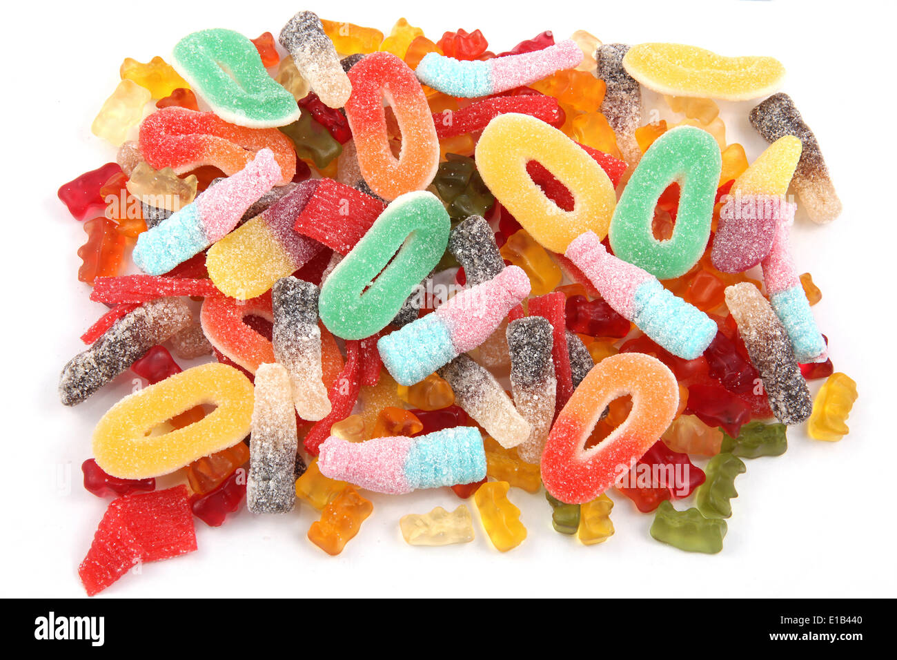 Kids gummy candies or sweeties in multi colors and a variety of shapes. Stock Photo