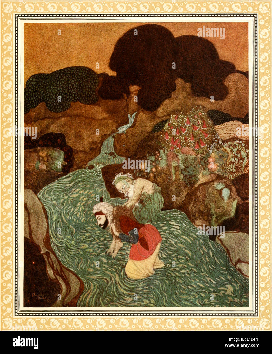 Edmund Dulac (1882-1953) illustration from ‘Sinbad the Sailor & Other Stories from the Arabian Nights’. Old Man of the sea Stock Photo