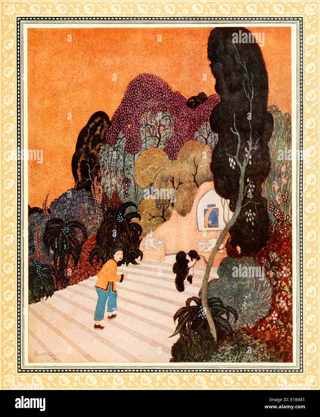 Edmund Dulac (1882-1953) illustration from ‘Sinbad the Sailor & Other Stories from the Arabian Nights’. Aladdin finds the lamp. Stock Photo