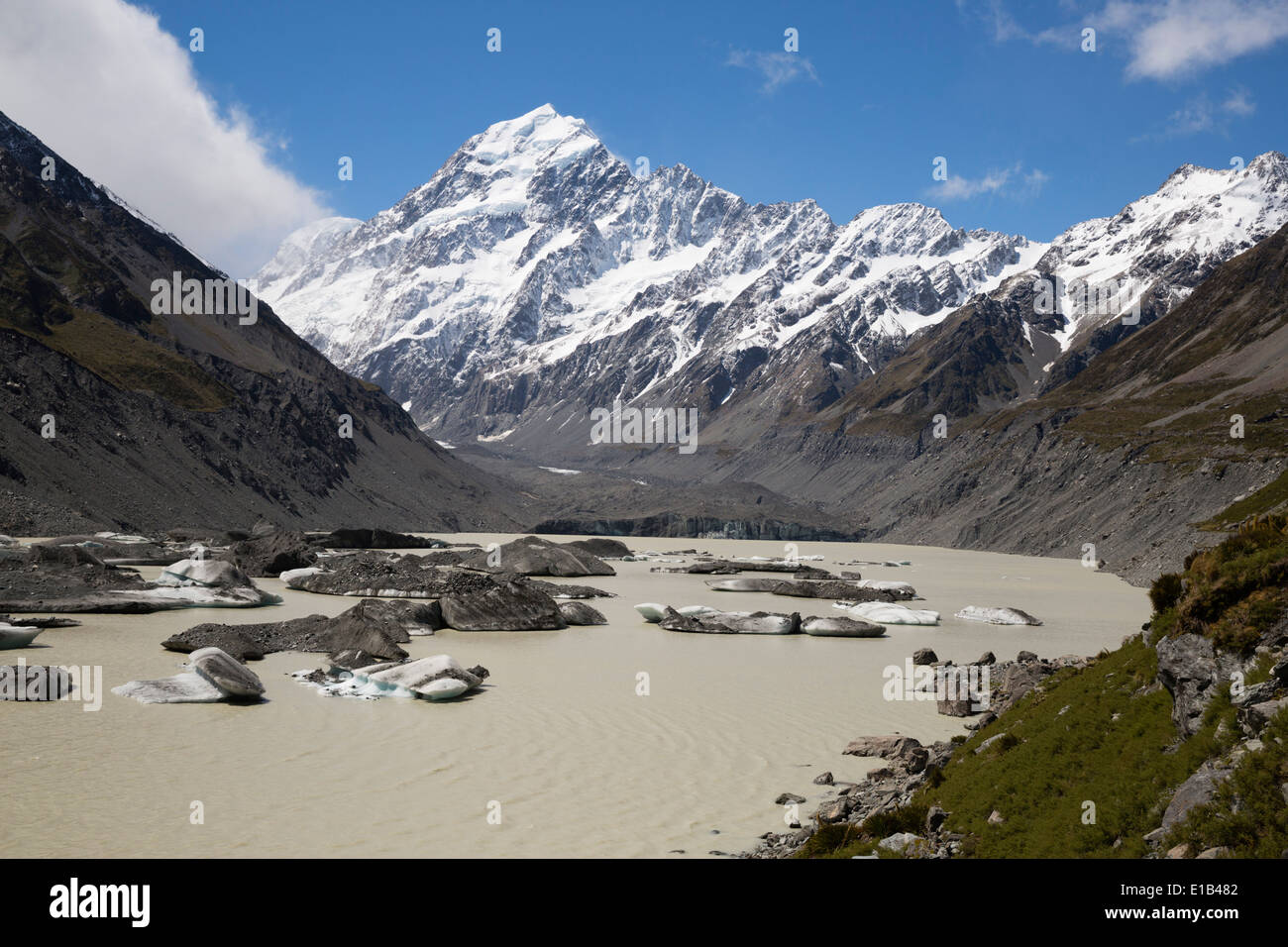 Hooker Lake and Glacier with icebergs and Mount Cook Stock Photo
