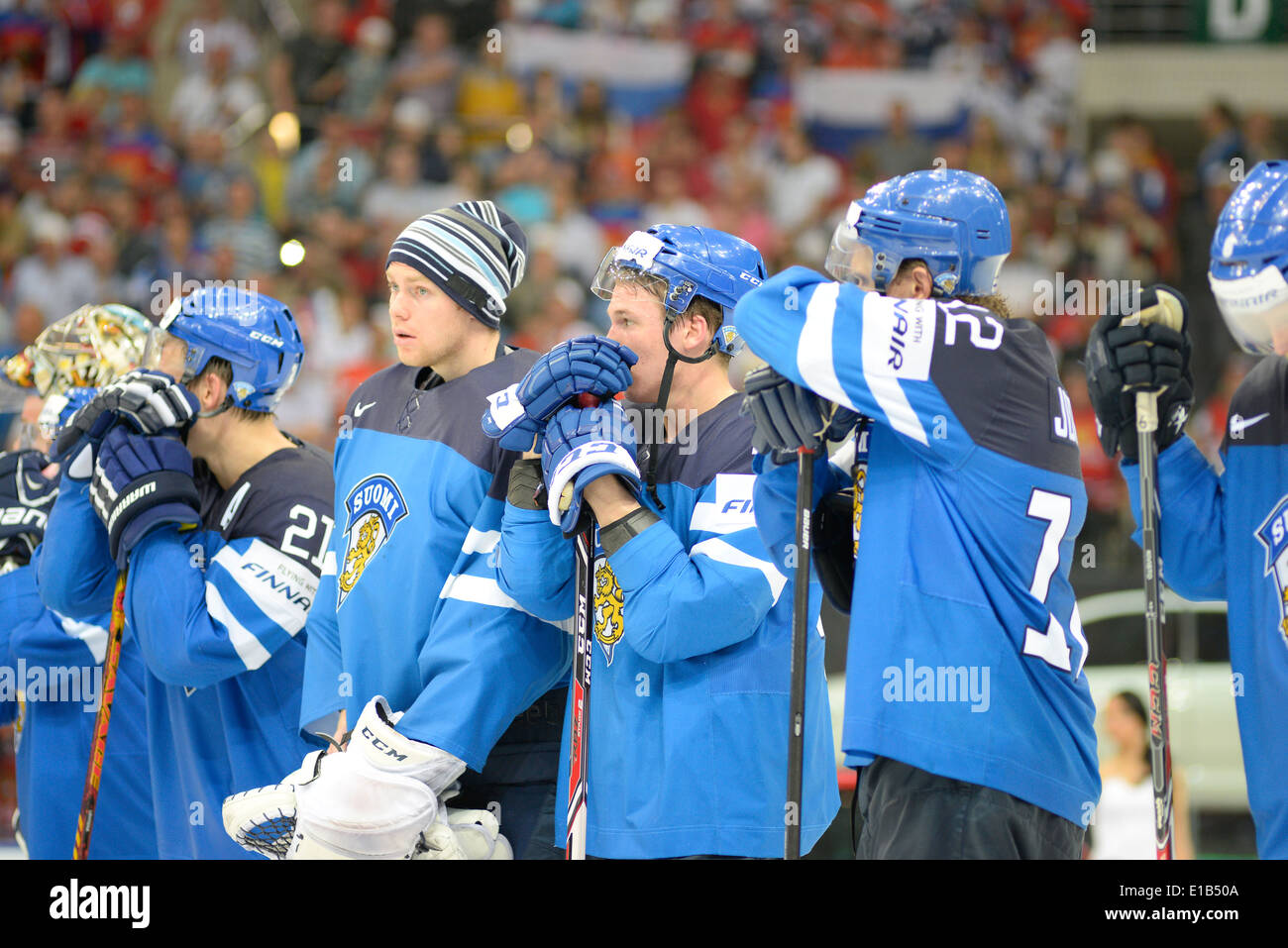 Finland team looks dejected after 2014 IIHF World Ice Hockey Championship final at Minsk Arena Stock Photo