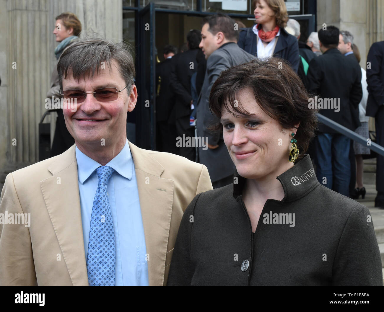 Heinrich Prince of Hanover and his wife Thyra Princess of Hanover stand in front of the opera house during the opening of the state exhibition 'When the royals came from Hanover' in Hanover, Germany, 16 May 2014. Photo: Holger Hollemann/dpa Stock Photo