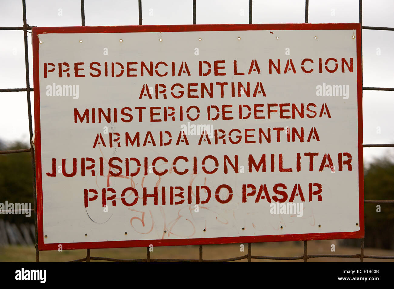 armada argentina argentine naval base entrance prohibted military installation warning sign Ushuaia Argentina Stock Photo