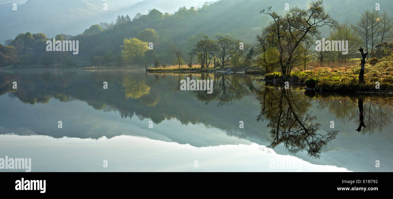 Reflections of Llyn Gwynant a lake in the valley of Nantgwynant at the heart of Snowdonia National Park Gwynedd North Wales UK, Stock Photo