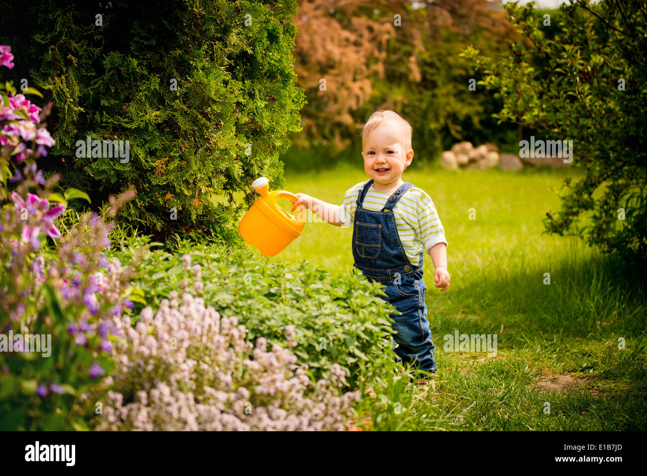 Little baby girl waters plants in backyard garden with watering can Stock Photo
