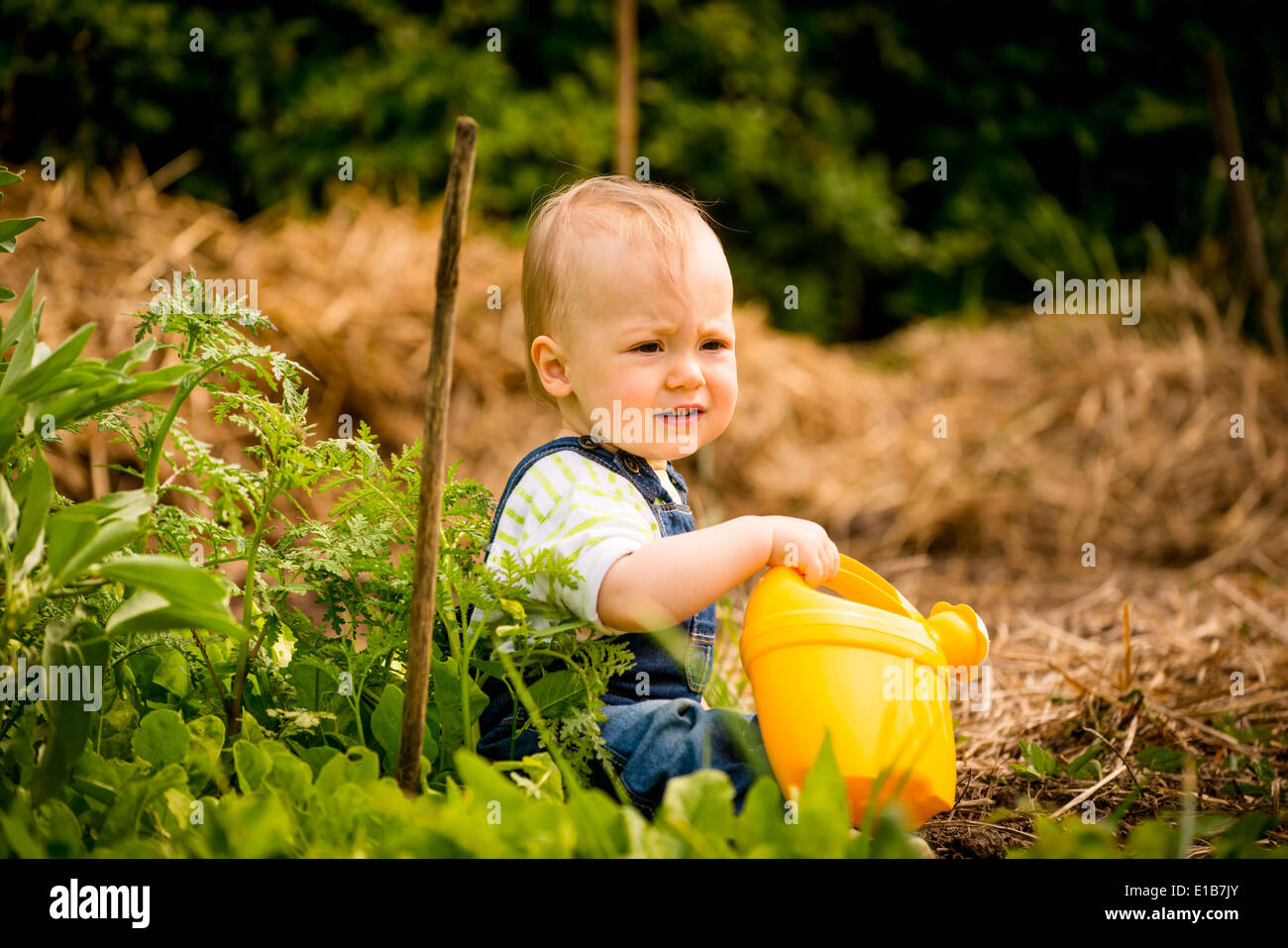 Little baby girl relaxes with watering can in backyard garden Stock Photo