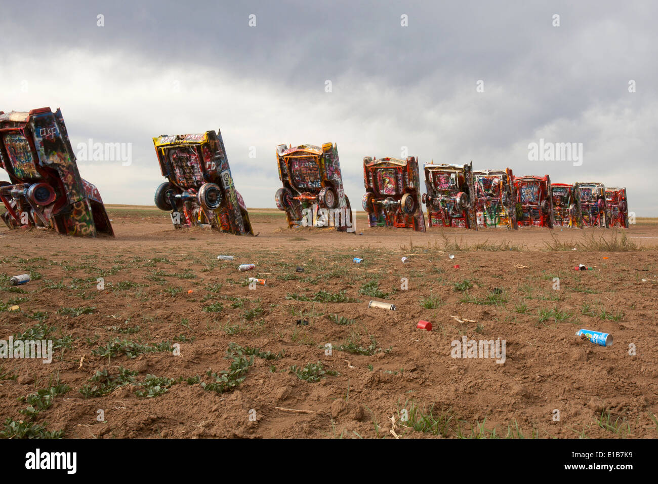 Cadillac Ranch open air art exhibit in Amarillo, TX showing the field