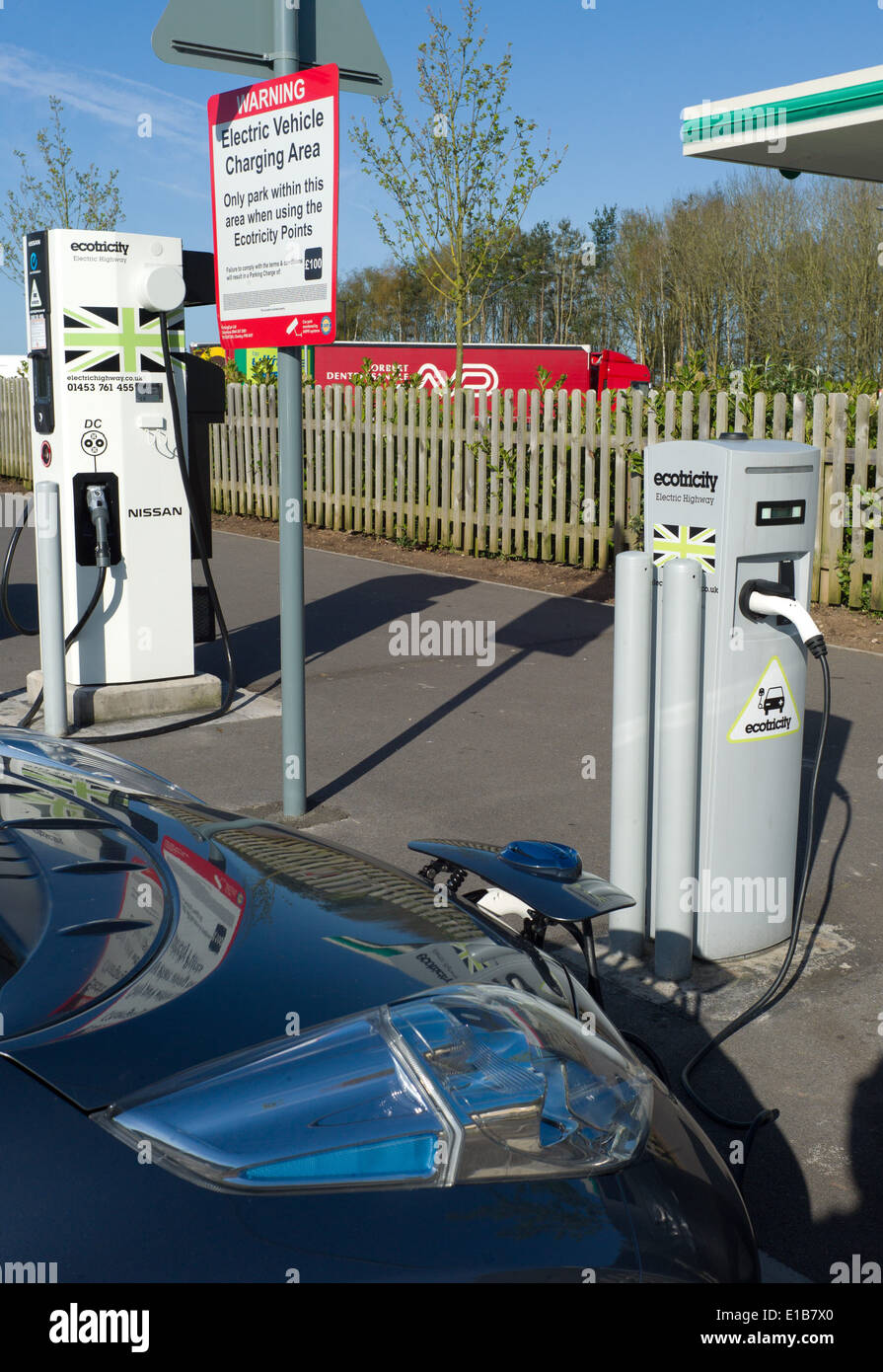 Ecotricity free electric car charging point at Michaelwood motorway service station on the M5 North bound gloucestershire Stock Photo