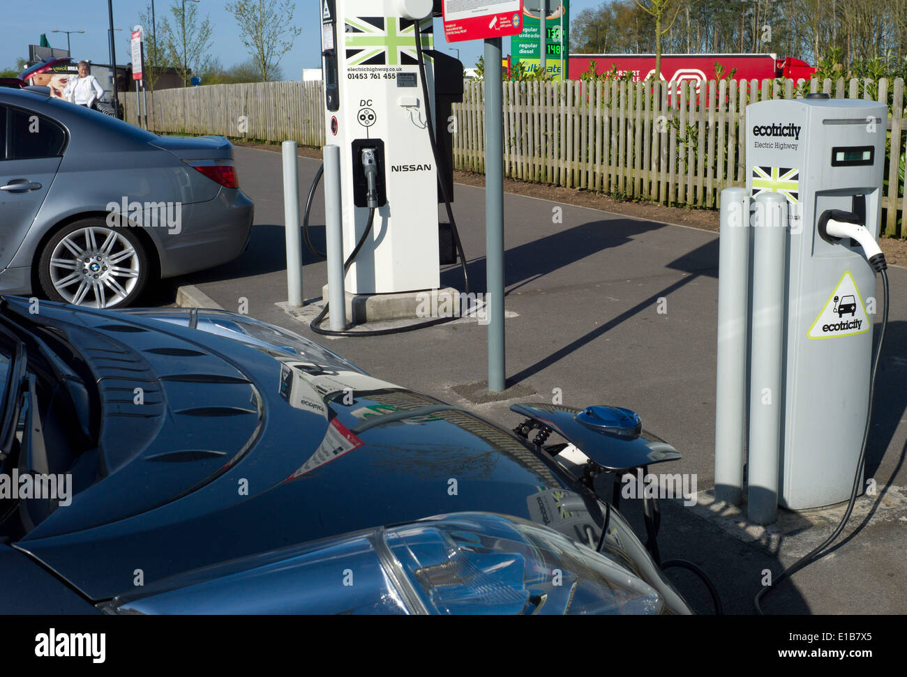 Ecotricity free electric car charging point at Michaelwood motorway service station on the M5 North bound gloucestershire Stock Photo