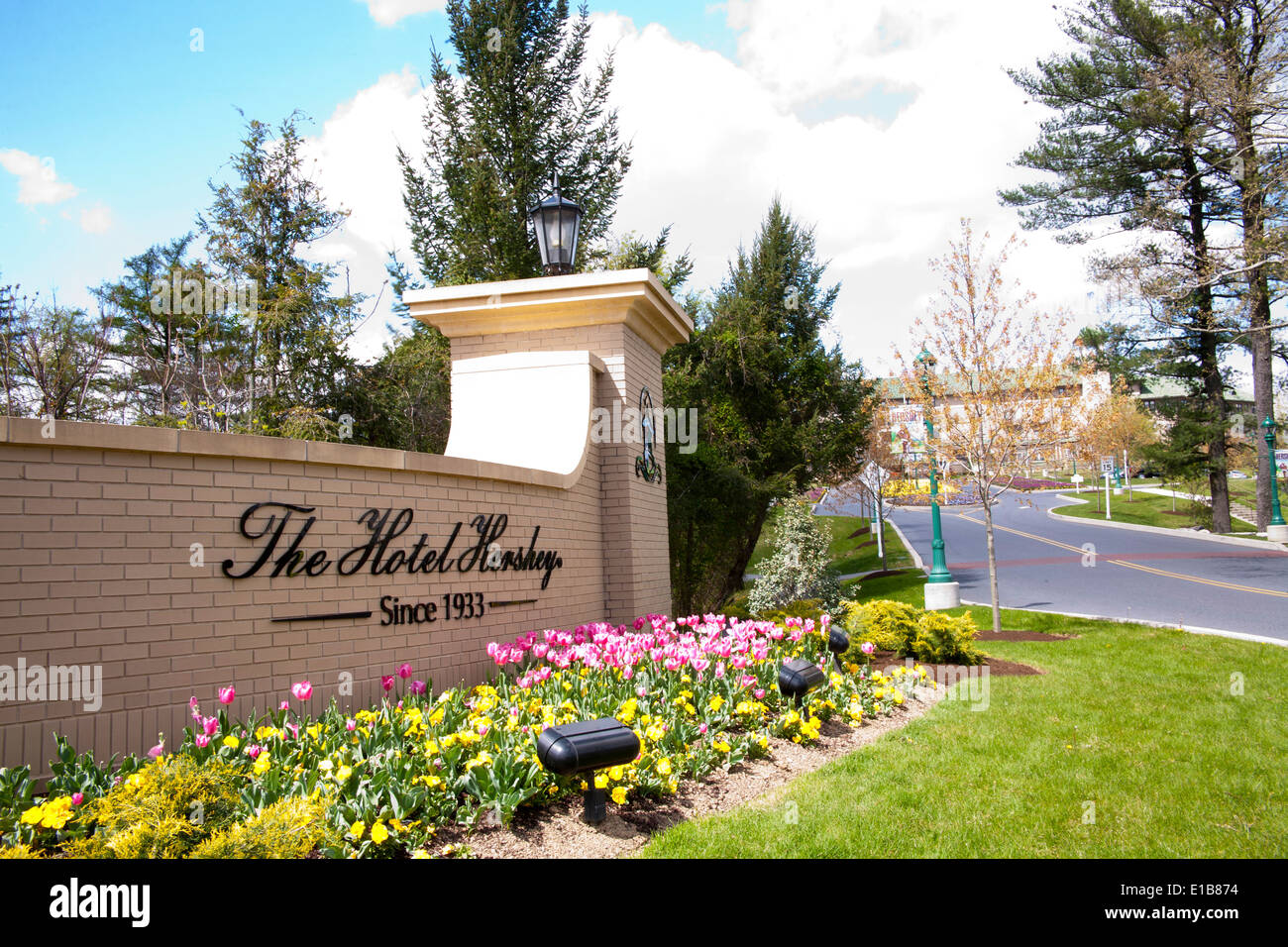 Sign at the entrance of the iconic Hotel Hershey in Hershey, PA Stock