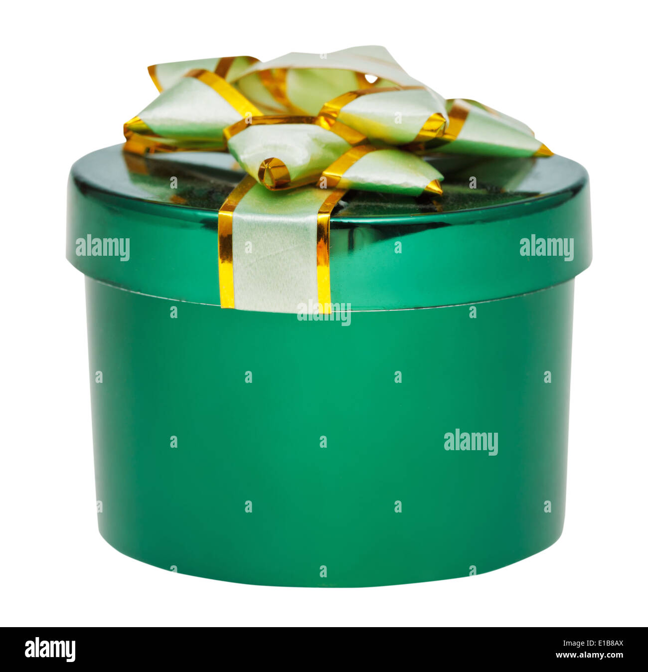closed little round green box with decorated cover isolated on white background Stock Photo