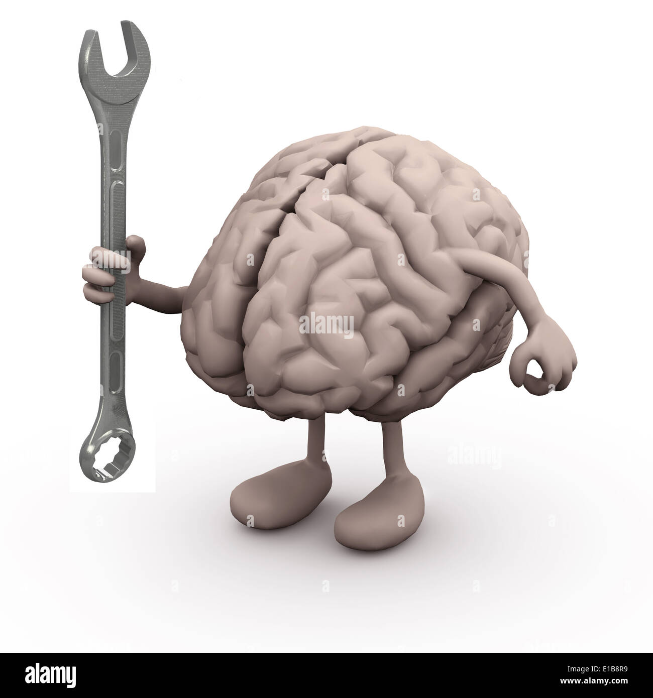 human brain with arms and legs and wrench on hand, 3d illustration Stock Photo