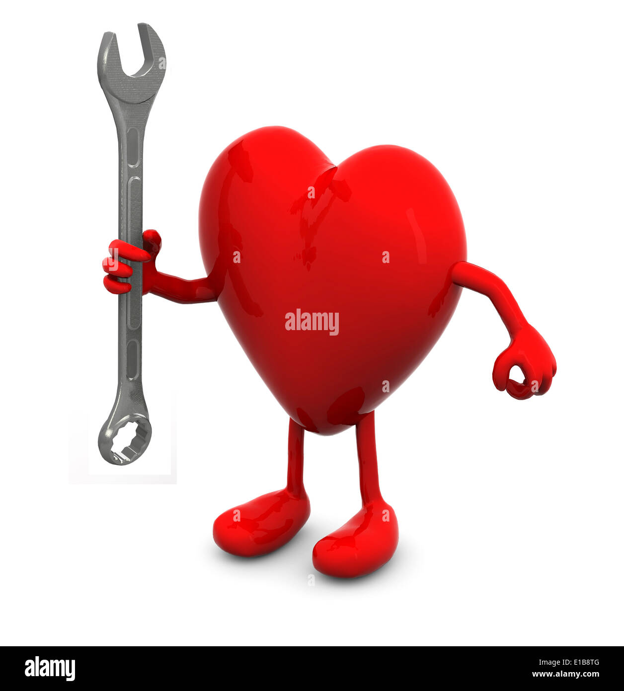 red heart with arms and legs and wrench on hand, 3d illustration Stock