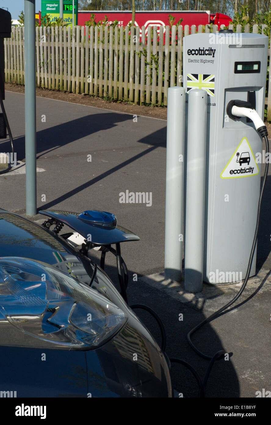 Ecotricity free electric car charging point at Michaelwood motorway service station on the M5 North bound gloucestershire Stock Photo