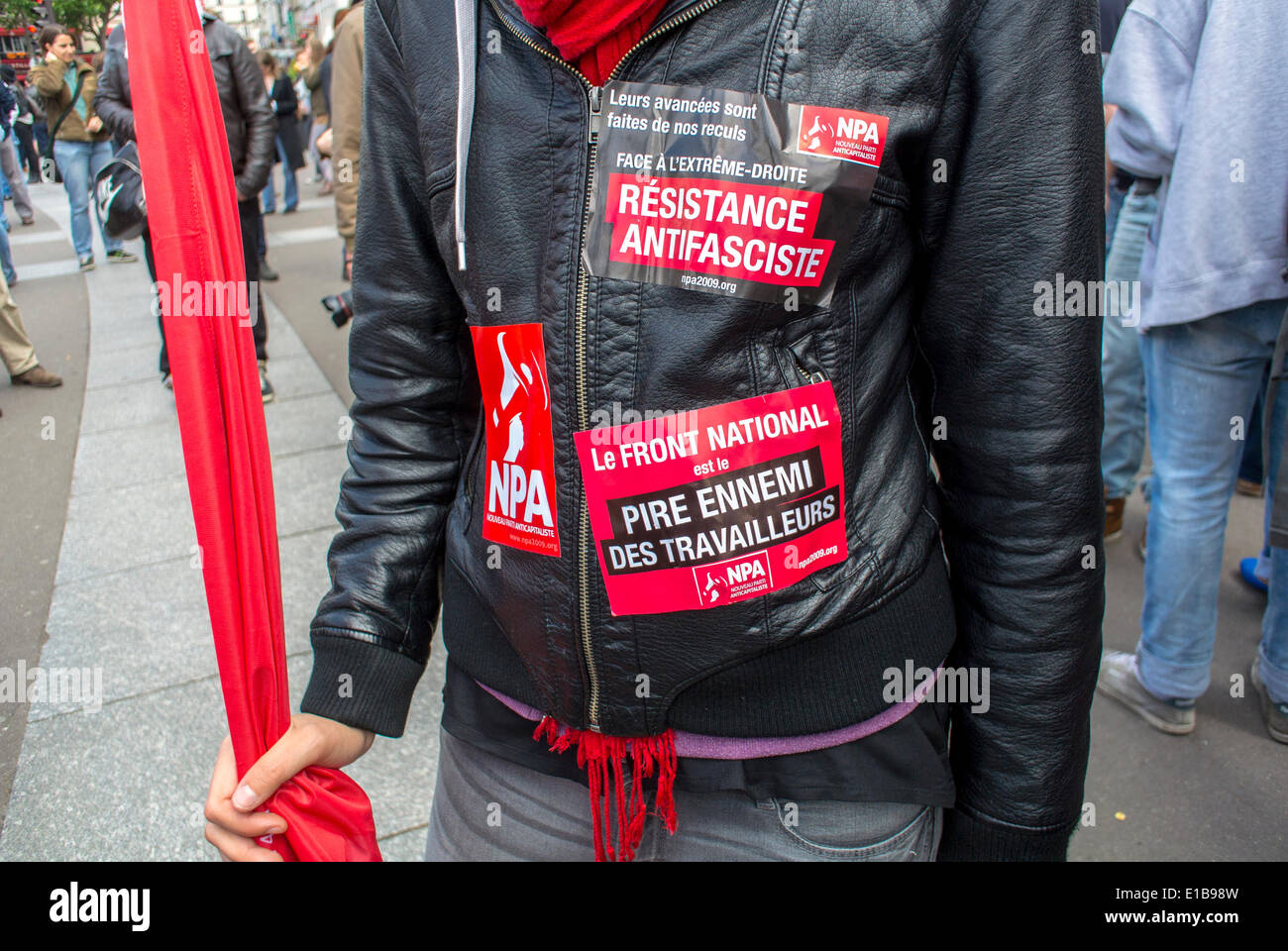 Paris, France. Anti National Front Demonstration by French Teens Students. Detail Stickers on Leather Coat, protests france Stock Photo