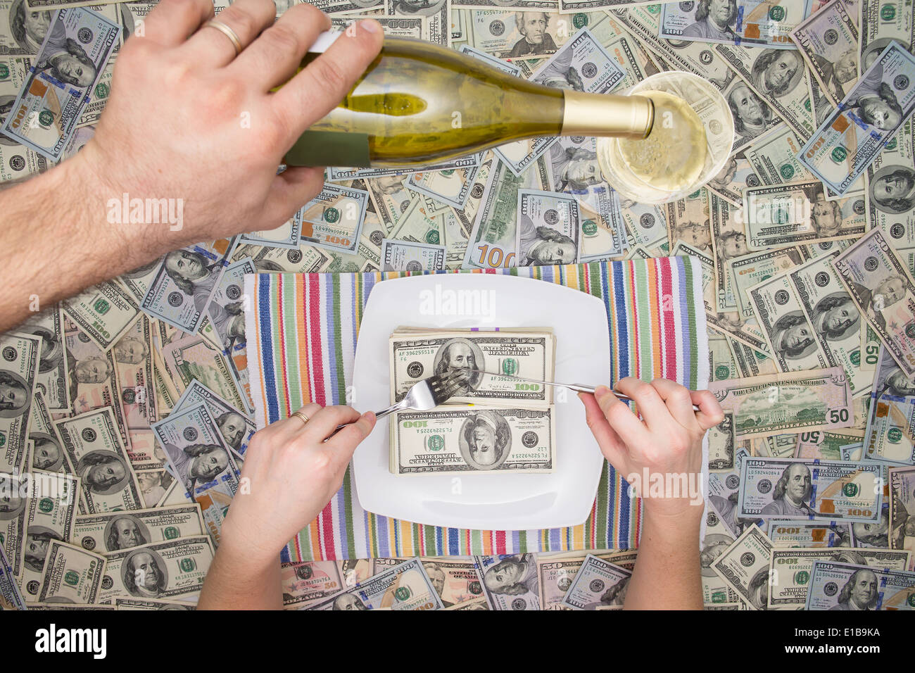Man eating dollar bills as a servant pours champagne from a bottle