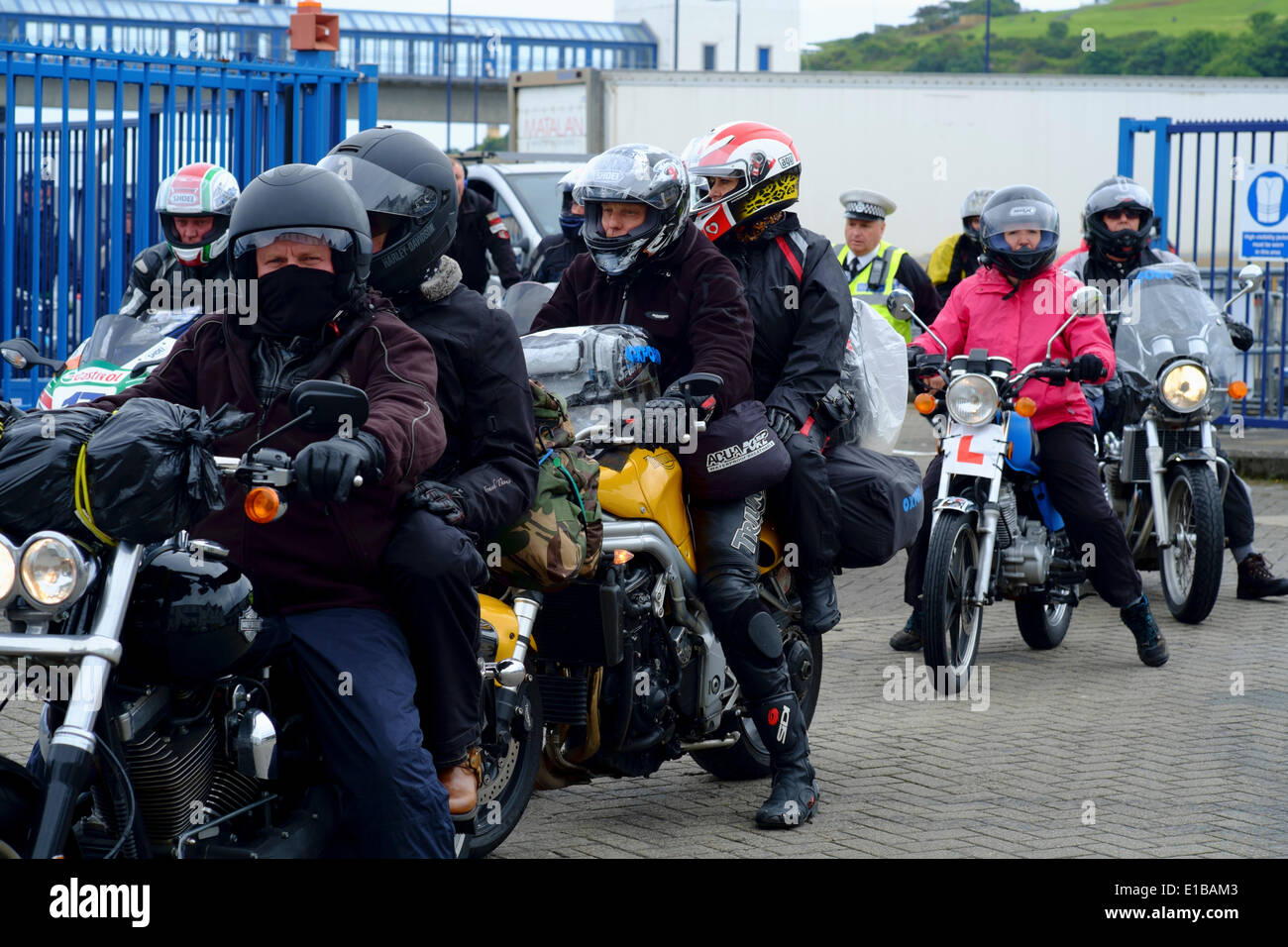Douglas, Isle of Man. 29th May 2014. Motorcycling enthusiasts arriving for the 2014 TT. The festival comprises a week of qualifying events followed by a week of racing on closed public roads. Credit:  Daisy Corlett/Alamy Live News Stock Photo