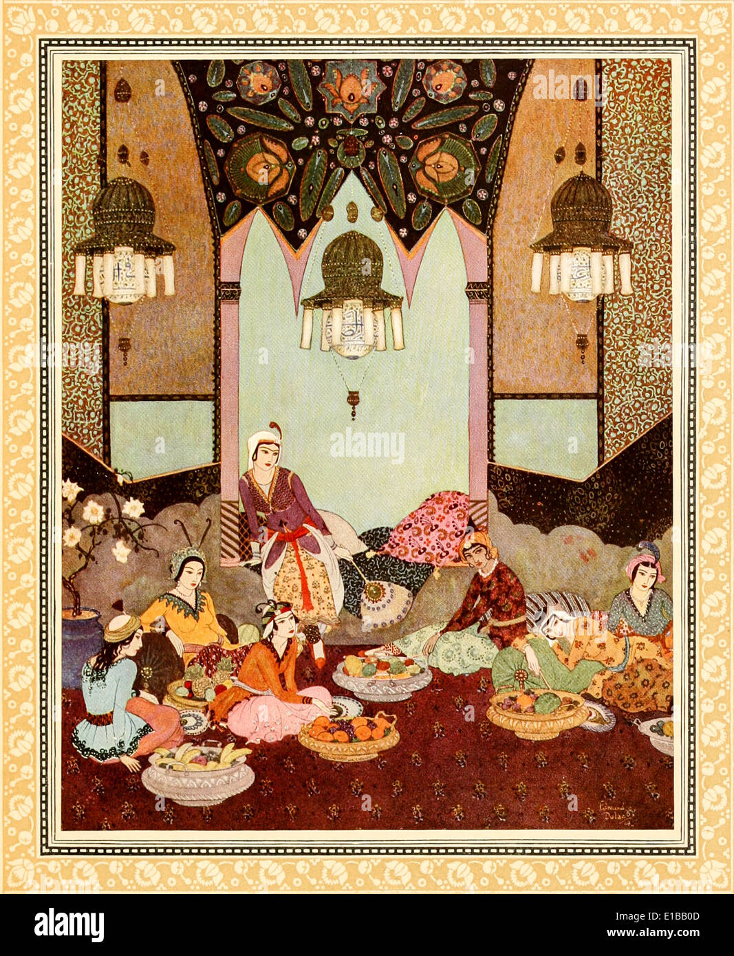 Edmund Dulac (1882-1953) illustration from ‘Sinbad the Sailor & Other Stories from the Arabian Nights’. The Sleeper Awakened. Stock Photo