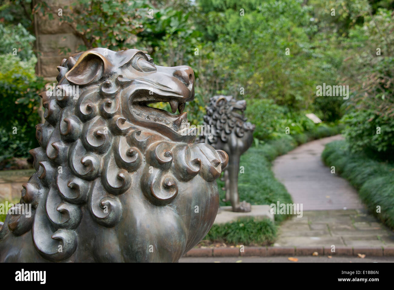 Australia, NSW, Sydney, Royal Botanic Gardens. Mythological lion statue