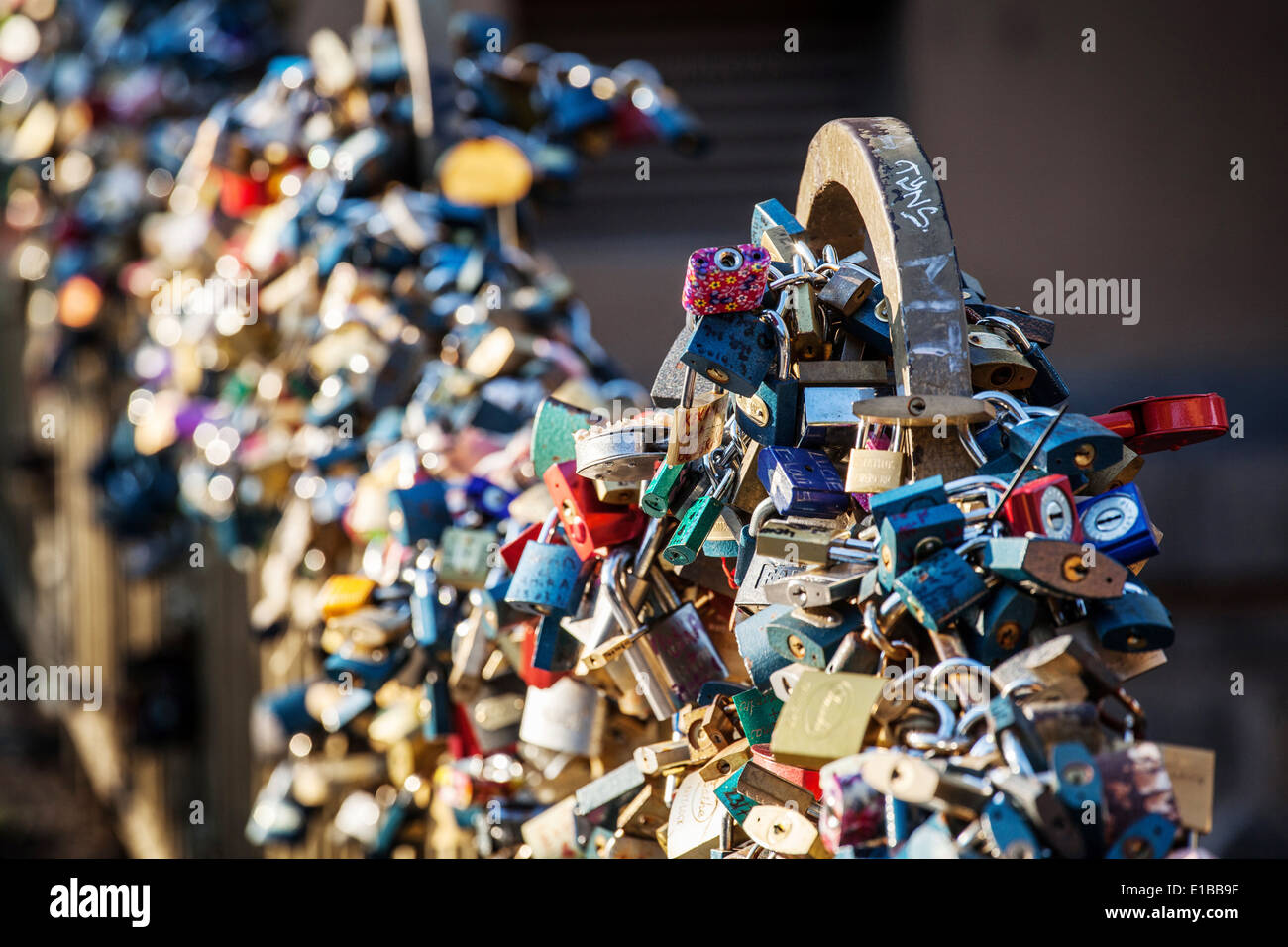 Love padlocks on a bridge, Kampa, Mala Strana, Prague, Czech Republic. Stock Photo