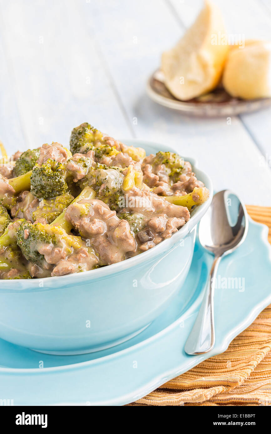 Ground beef and broccoli cooked in mushroom soup, a common meal among