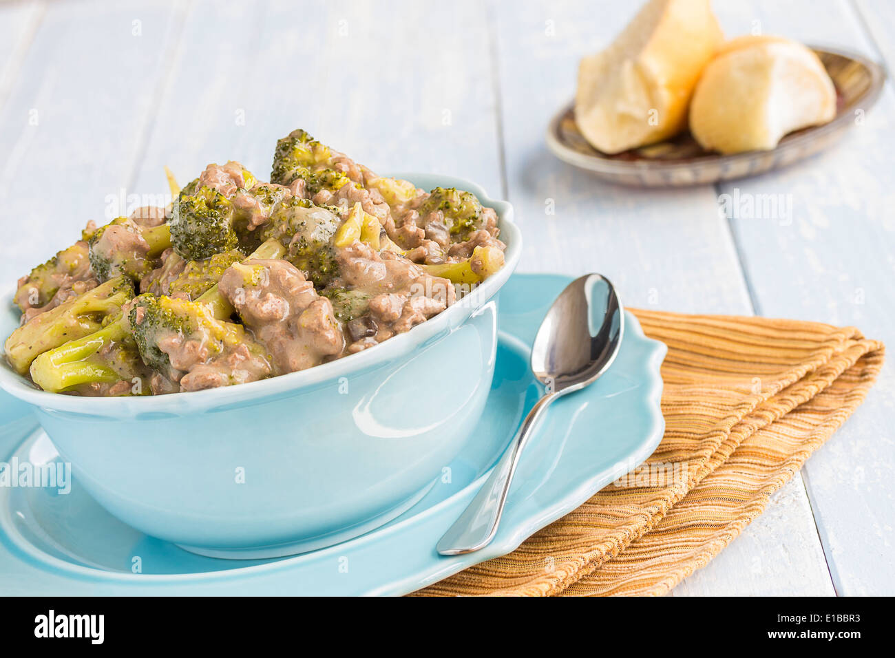 Ground beef and broccoli cooked in mushroom soup, a common meal among