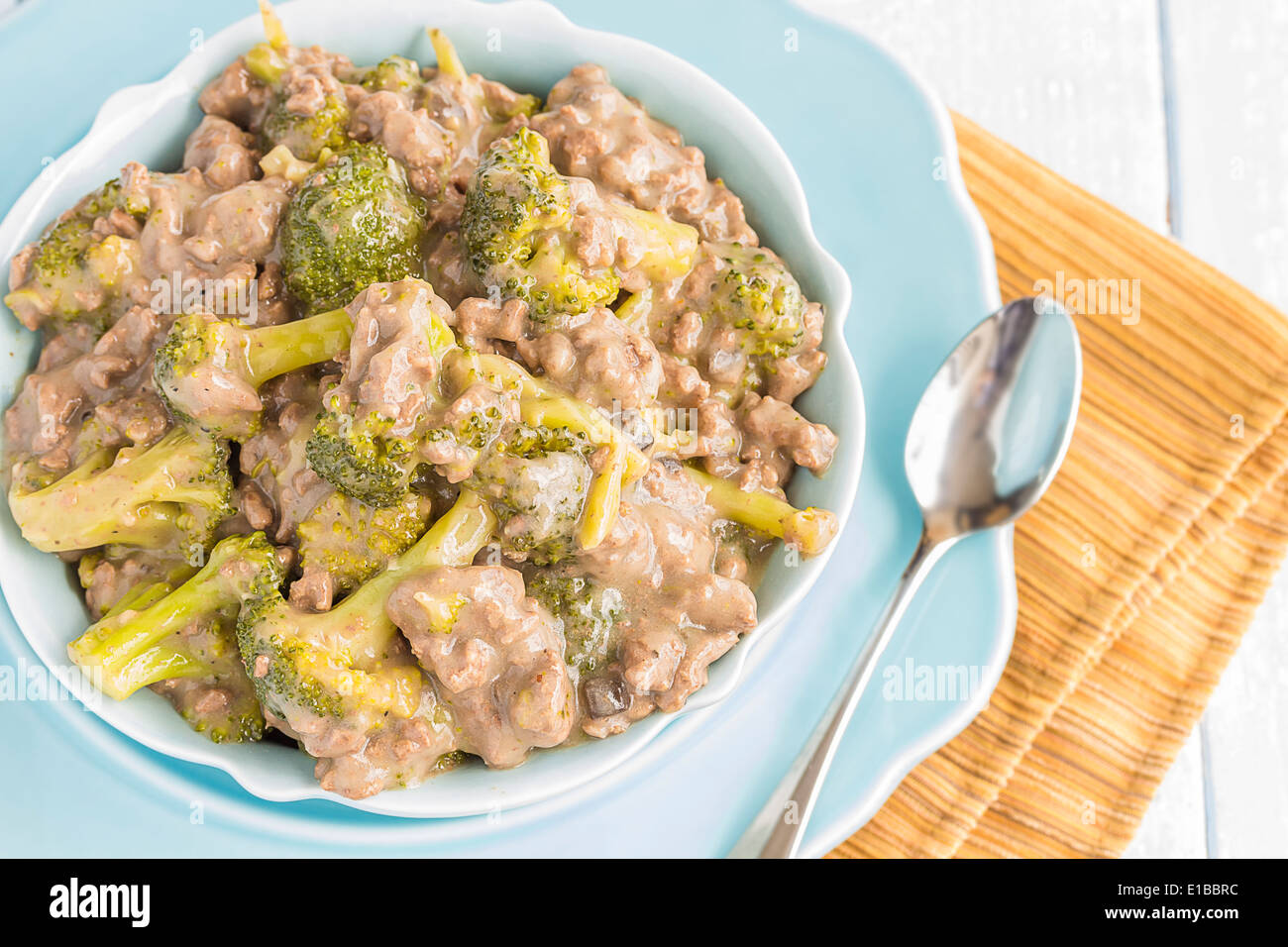 Ground beef and broccoli cooked in mushroom soup, a common meal among