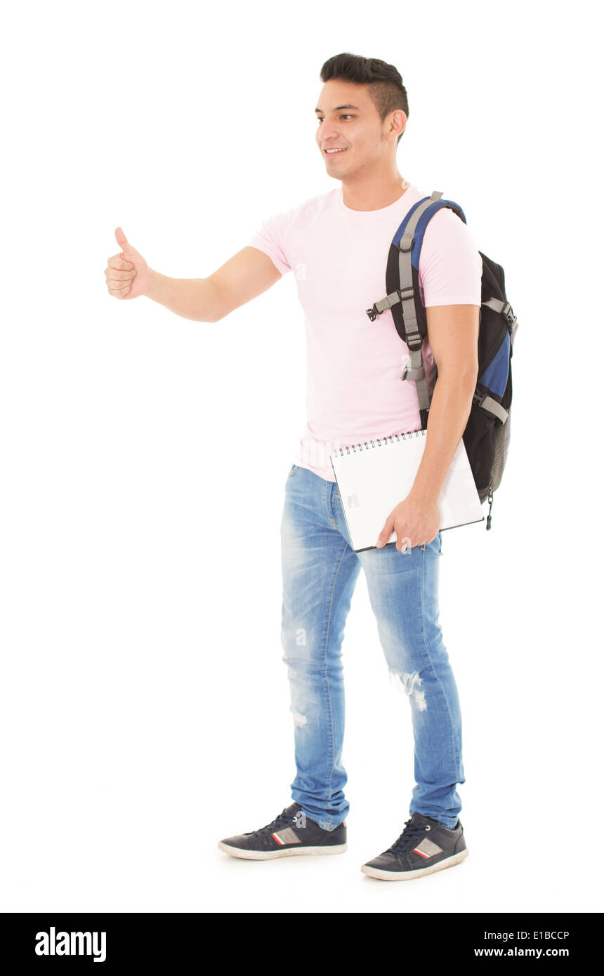 student wearing a backpack on white background Stock Photo - Alamy