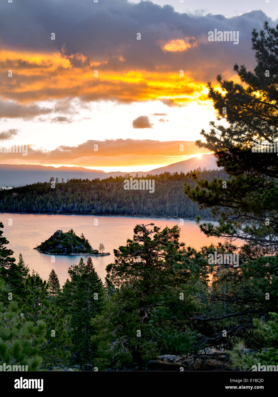 Sunrise over Emerald Bay with Fannette Island, Lake Tahoe, California. Stock Photo