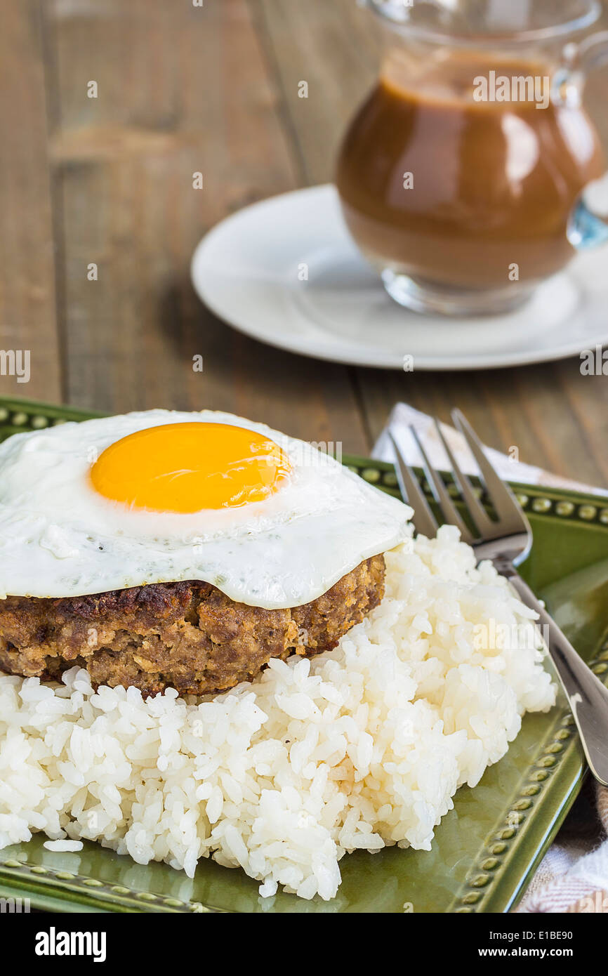 Loco Moco, traditional Hawaiian dish of teriyaki flavored ground beef