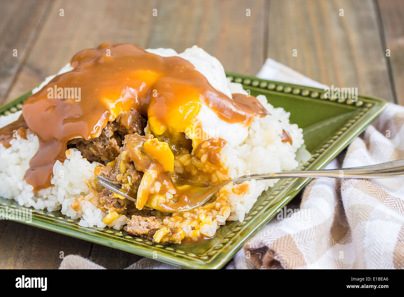 Loco Moco, traditional Hawaiian dish of teriyaki flavored ground beef