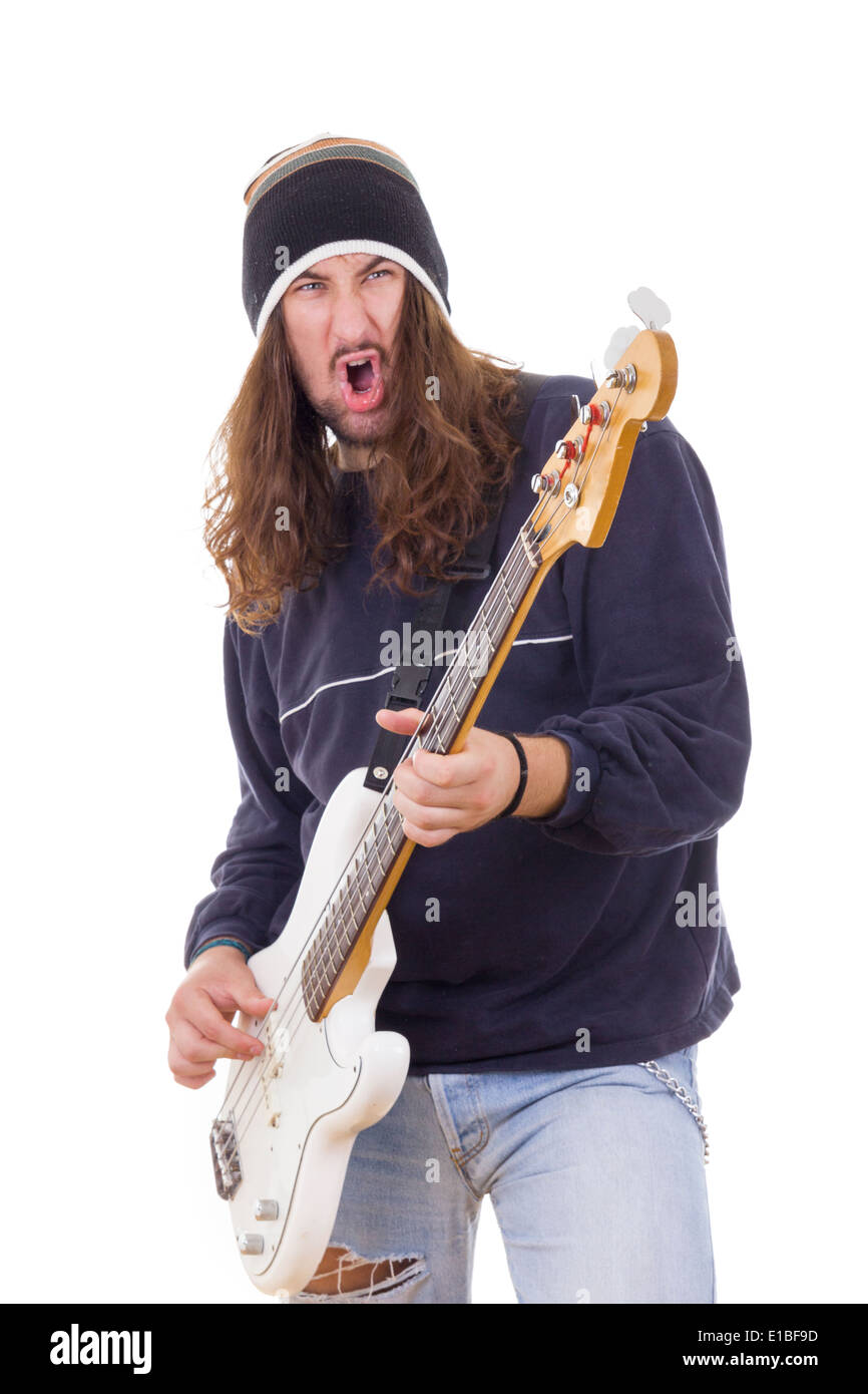 talented young musician playing hard bass guitar Stock Photo