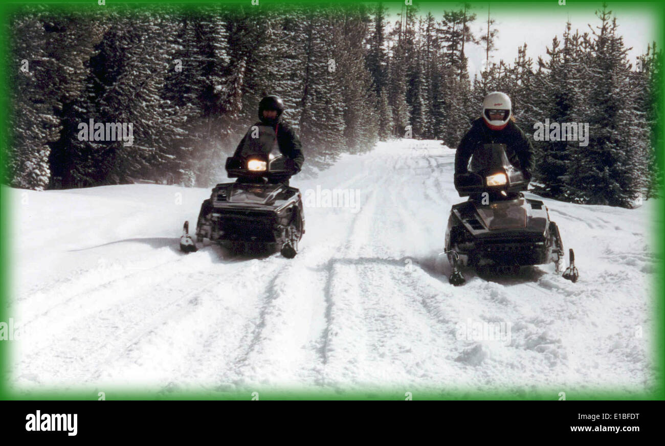 Snowmobilers 03 fthrdGrn Stock Photo