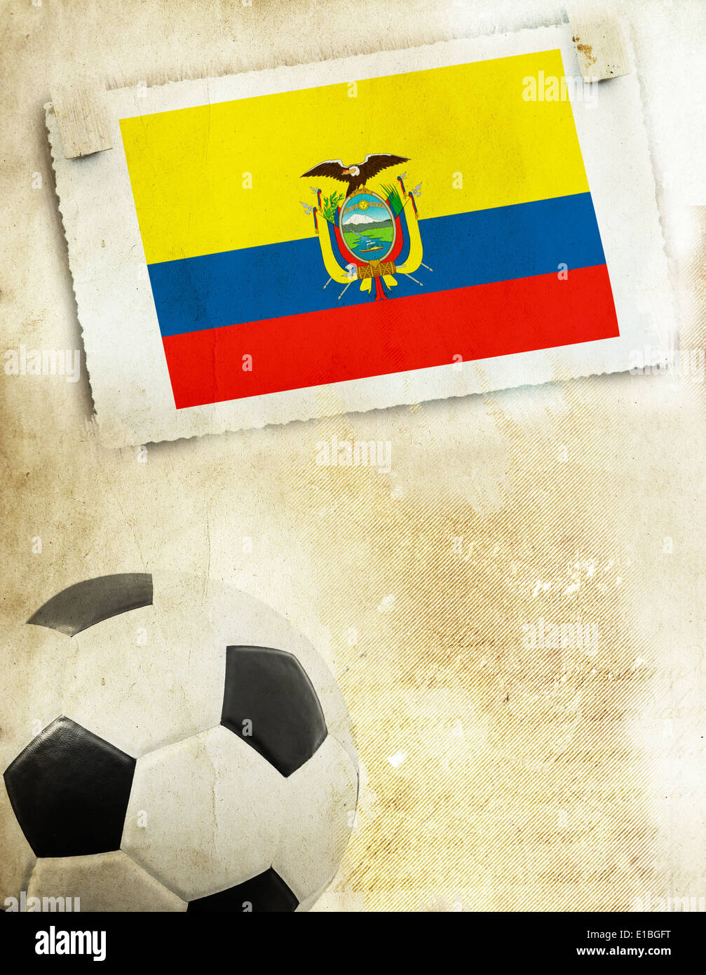 Vintage photo of Ecuador flag and soccer ball Stock Photo