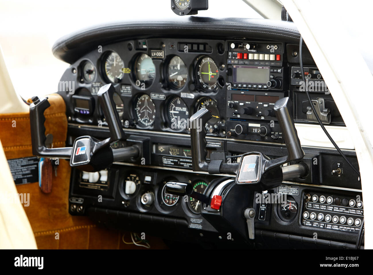 flight controls of a spanish language piper pa-28 archer light aircraft aeroclub Ushuaia Argentina Stock Photo