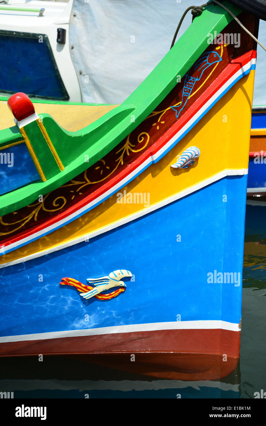 Colourful prow of traditional luzzu boat, Saint Paul's Bay (San Pawl il-Baħar), Northern District, Republic of Malta Stock Photo