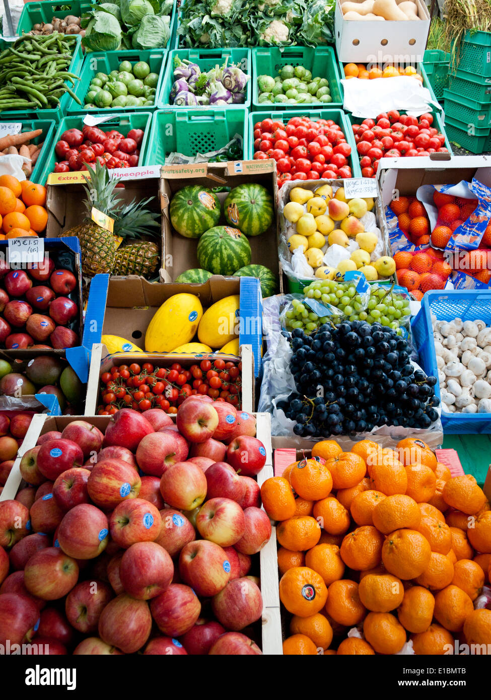 Colourful fruits, vegetables, and produce on sale at the Marsaxlokk Sunday Market in Marsaxlokk