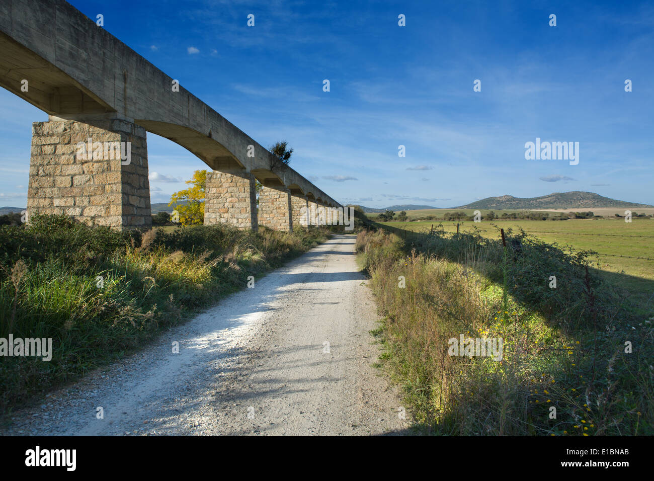 View of a irrigation canal built in concrete and stone, Valdesalor, Caceres, Spain Stock Photo
