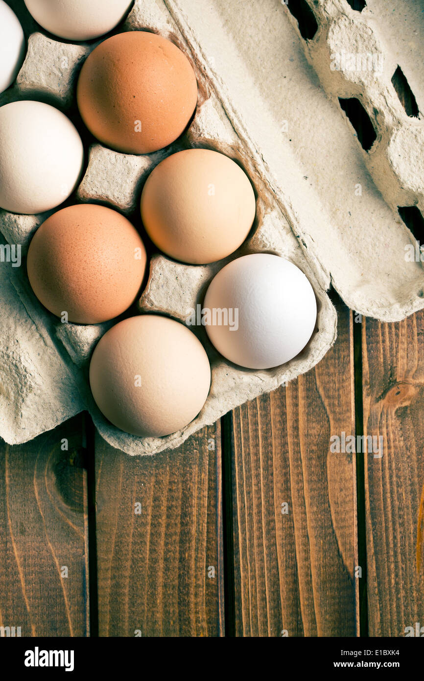 top view of eggs in egg box Stock Photo