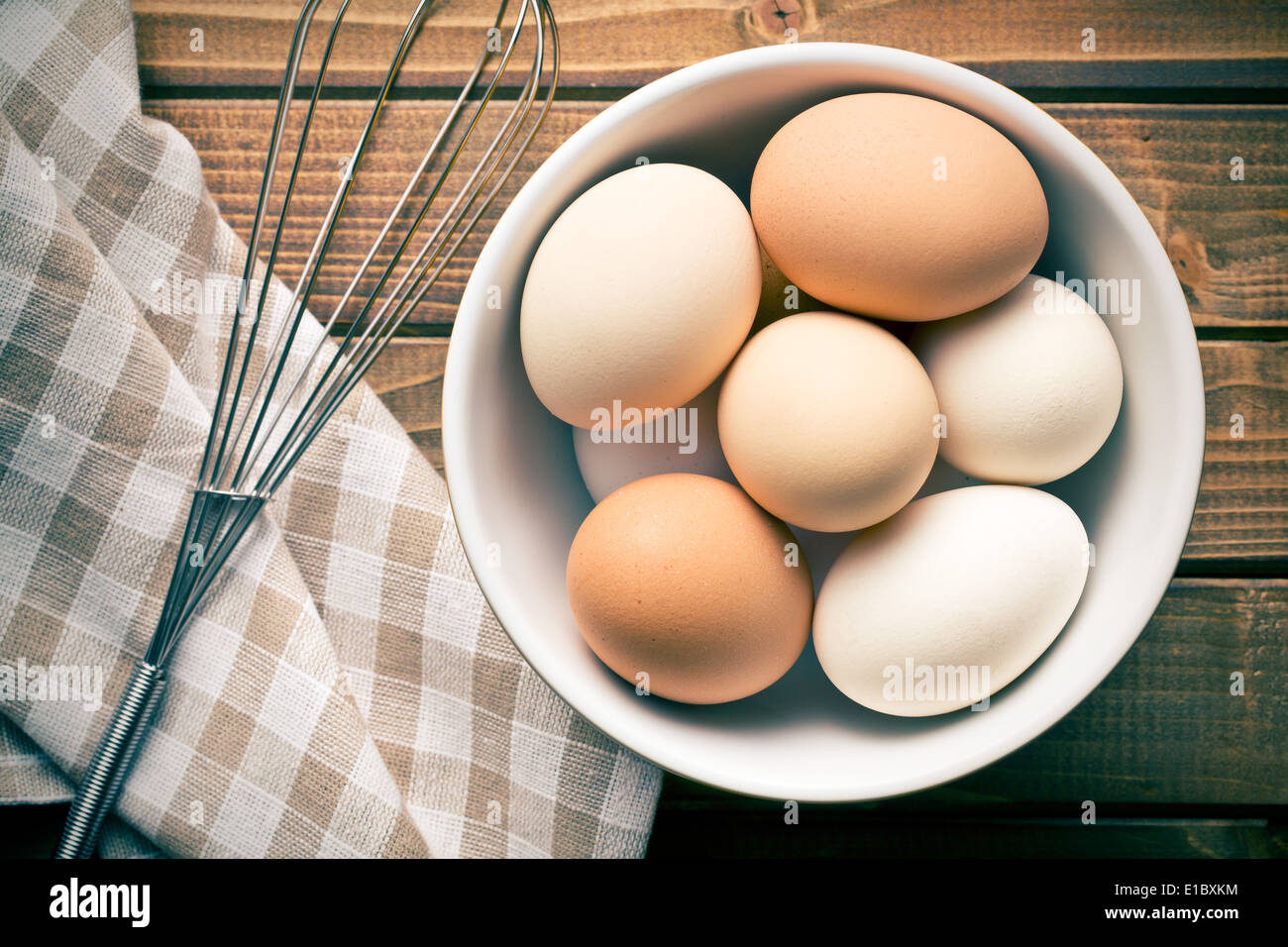 top view of eggs in bowl Stock Photo