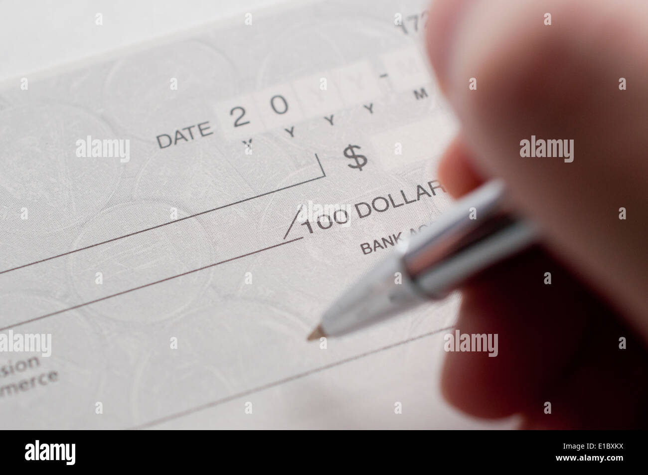 Business woman prepare writing check Stock Photo