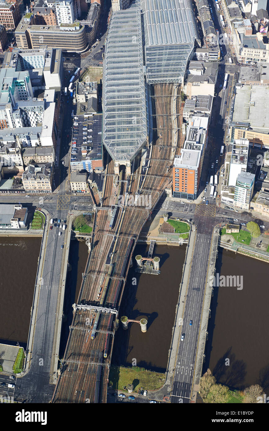 The approach tracks to Central Station, Glasgow City Centre from the air, Central Scotland, UK Stock Photo