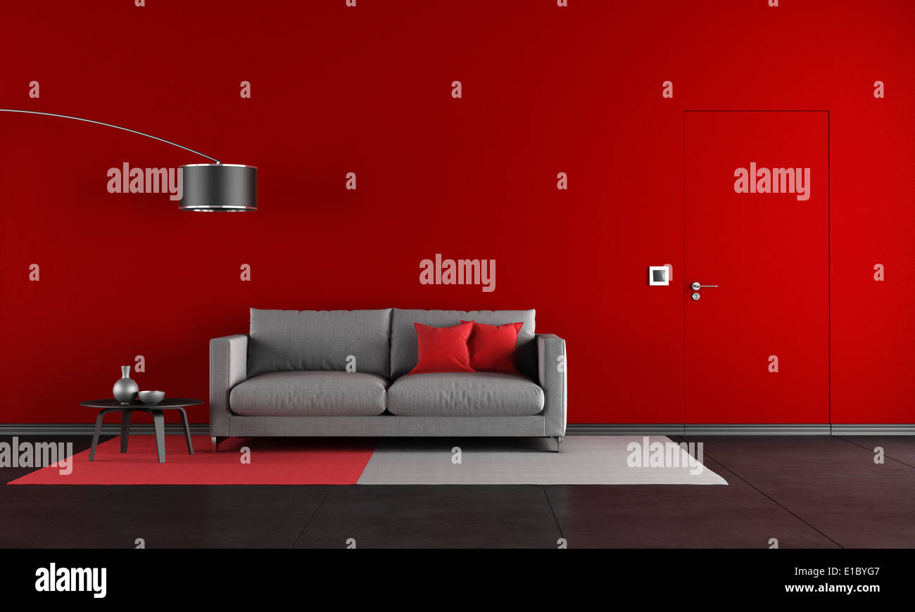 Red and black living room with modern sofa and door rendering Stock