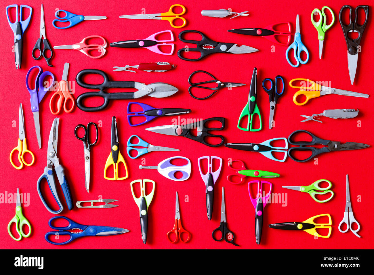 Display of multiple different pairs of domestic scissors on red conceptual of scissors for everyone and for every different task Stock Photo