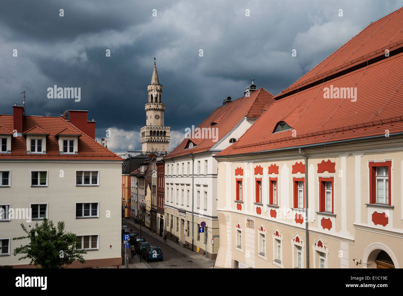 Town hall tower rises above old town, Opole, Silesia, Poland Stock Photo