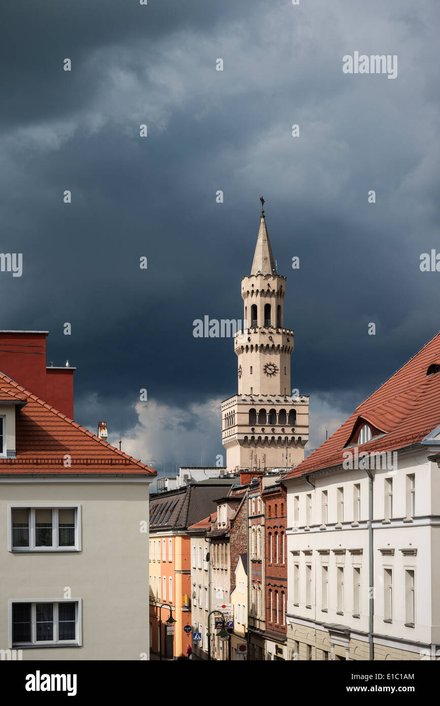 Town hall tower rises above old town, Opole, Silesia, Poland Stock Photo